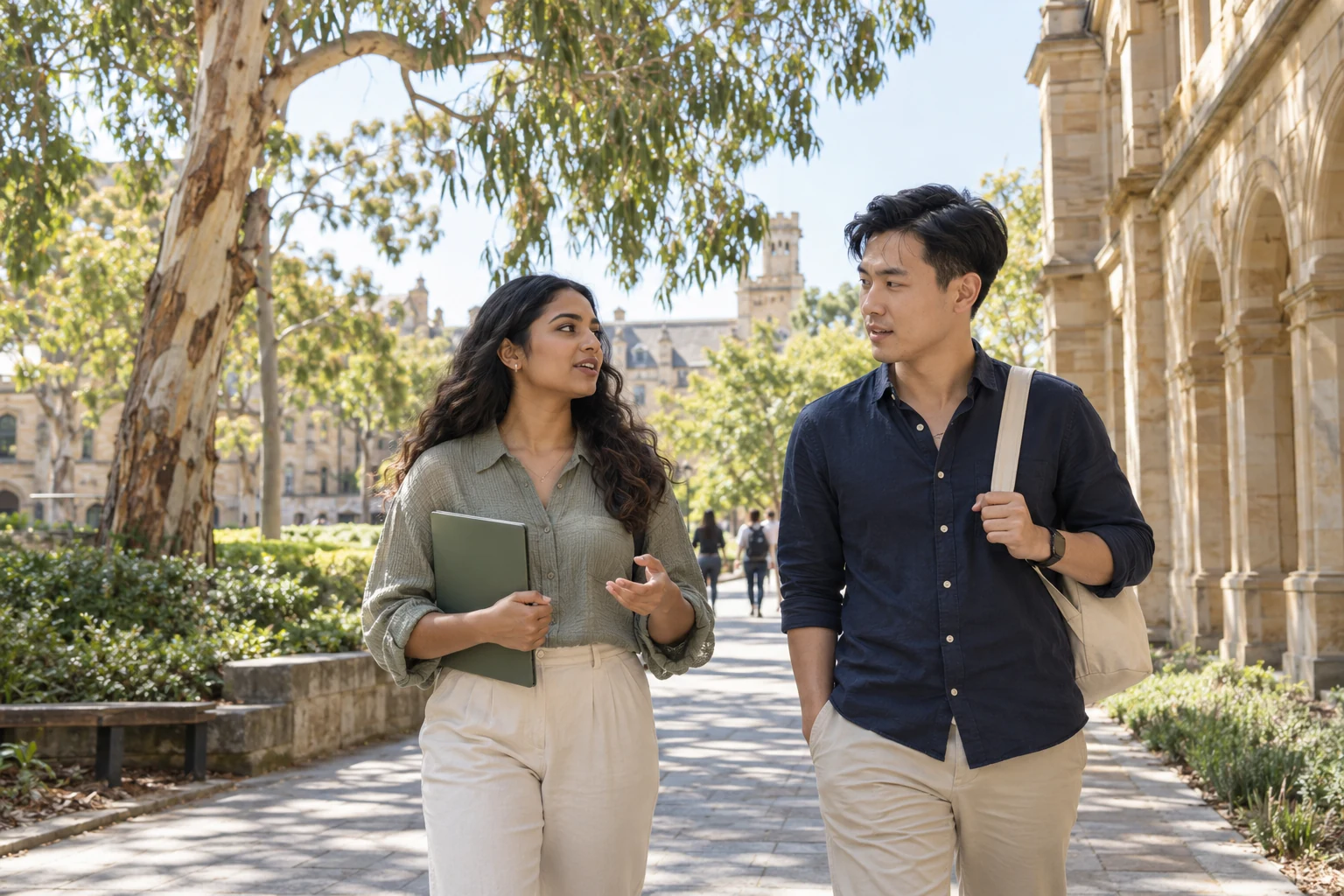Illustrative scene of two graduates walking through an Australian university courtyard