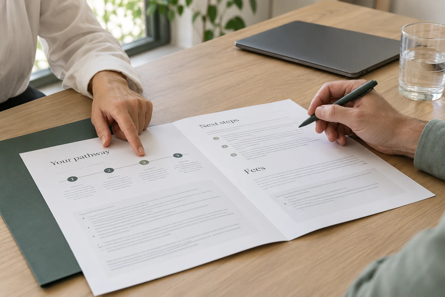 Illustrative consultation explaining a written pathway, next steps and fees