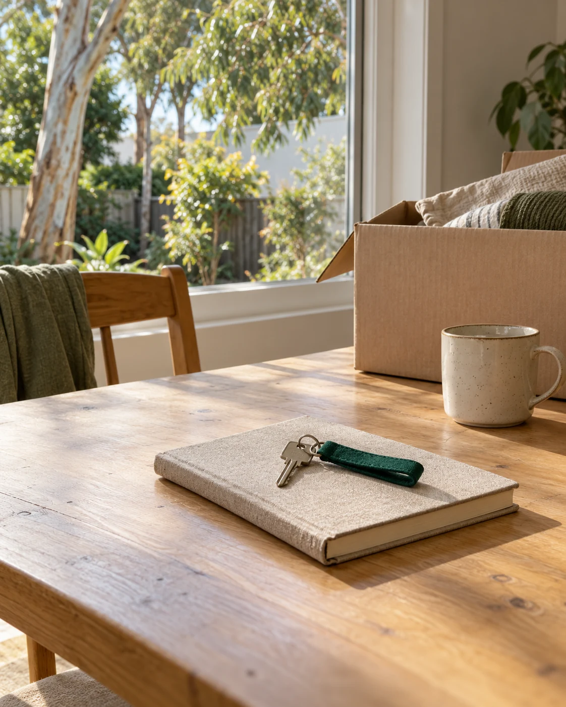 Illustrative still life of house keys and moving boxes in an Australian home