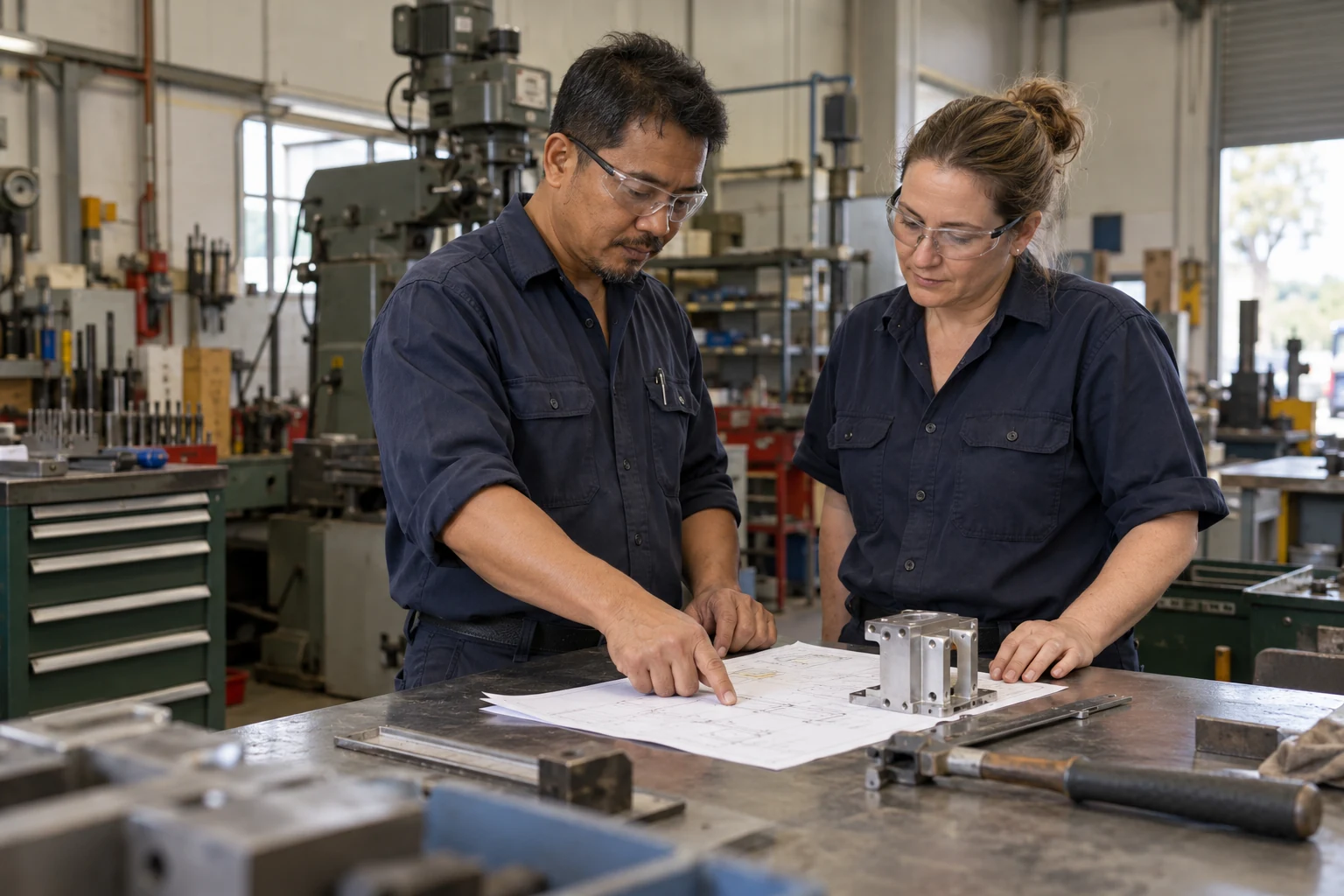 Illustrative scene of a skilled technician and workshop supervisor reviewing a component and drawing